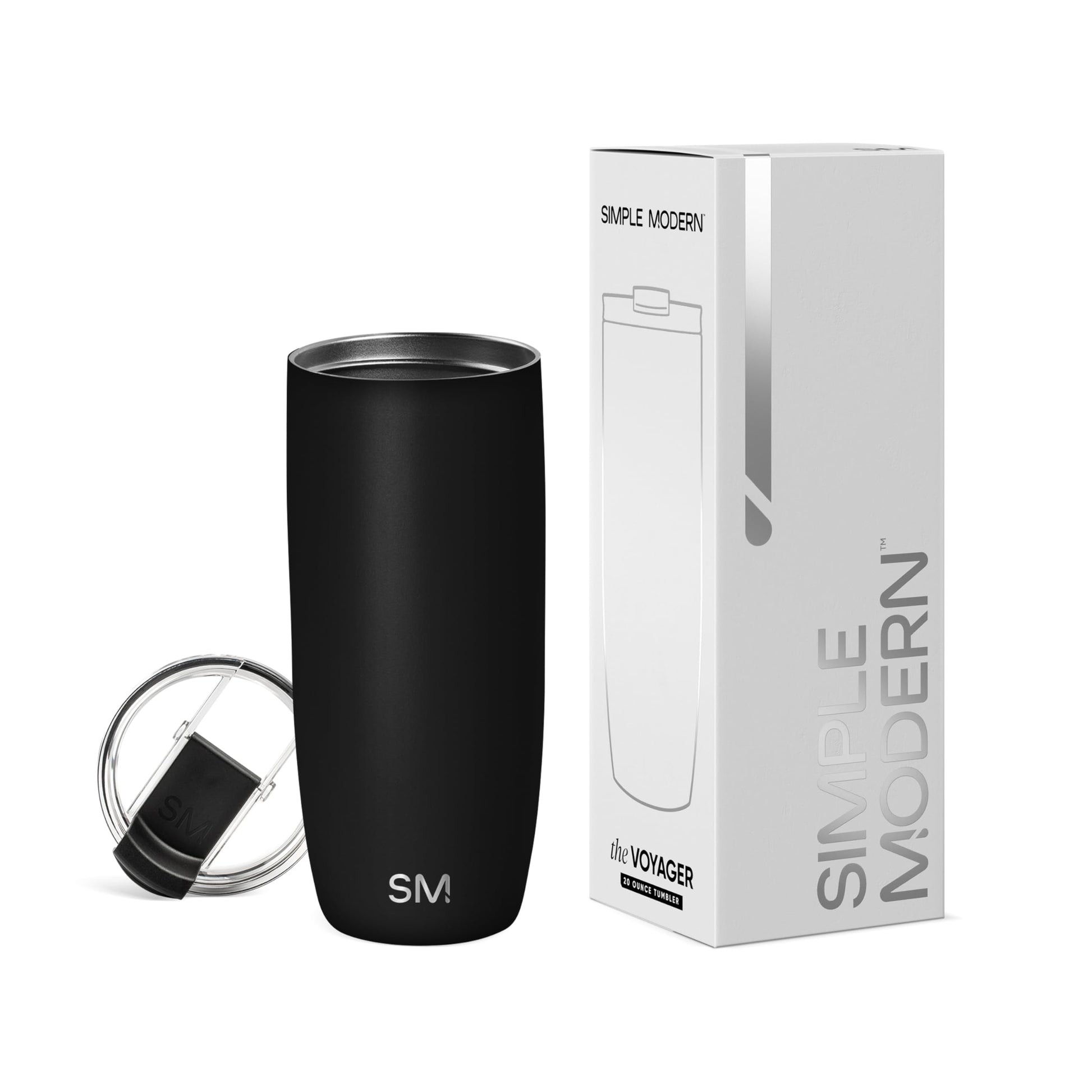 Taza de Café para Viajes Simple Modern Midnight Black con Tapa Abatible Aislada en Acero Inoxidable Voyager para Mujeres y Hombres