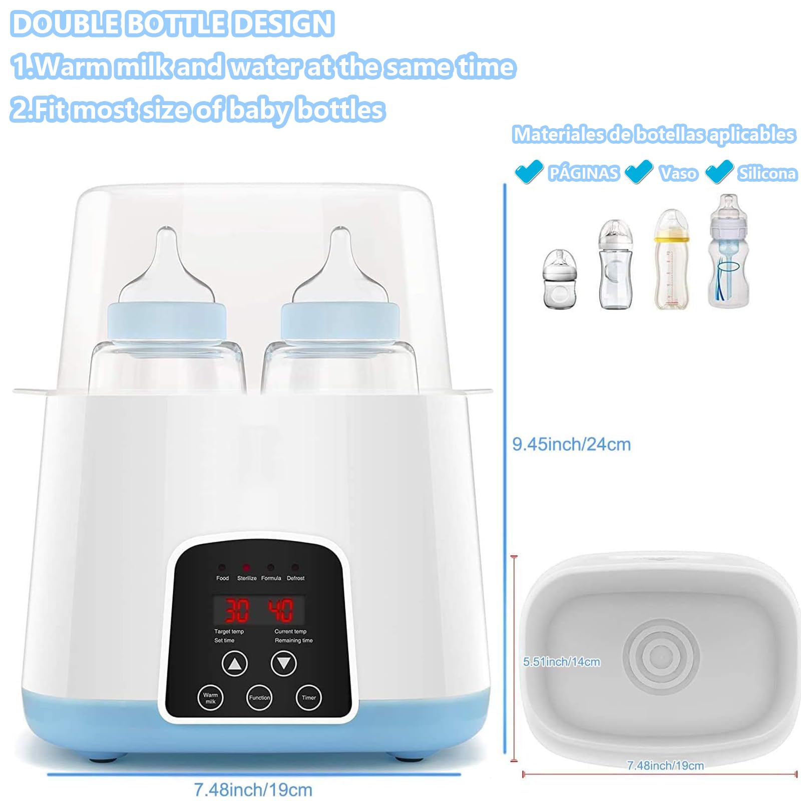Calienta Biberones, Esterilizador con Calentador Multifuncional Portátil 6 en 1, Vaporizador de Comida para Bebé, Control de Temperatura Las 24 Horas, sin BPA para calor de Tarros de Comida para Bebé