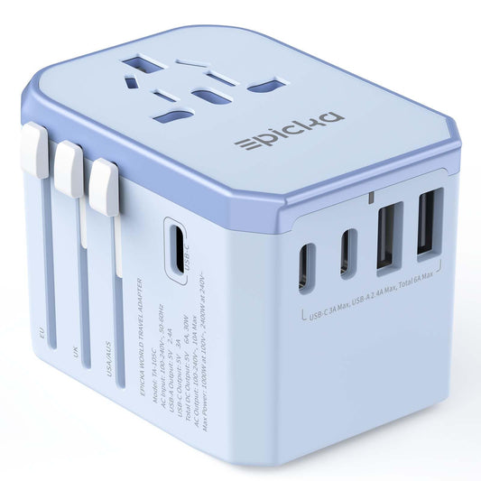 EPICKA - Adaptador Universal de Viaje, Adaptador de Enchufe Internacional con 3 Puertos USB-C y 2 Puertos USB-A, UE Reino Unido, AUS (TA-105C, Azul)