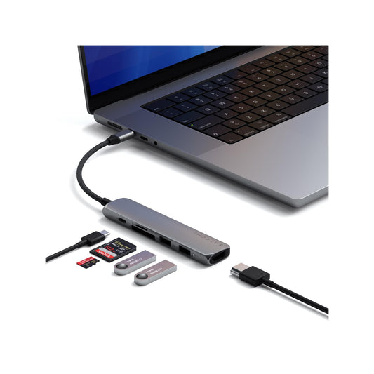Adaptador USB-C SATECHI Gris Espacial 6 en 1 con HDMI 4K para MacBook Pro/Air M4-M1 y iPad