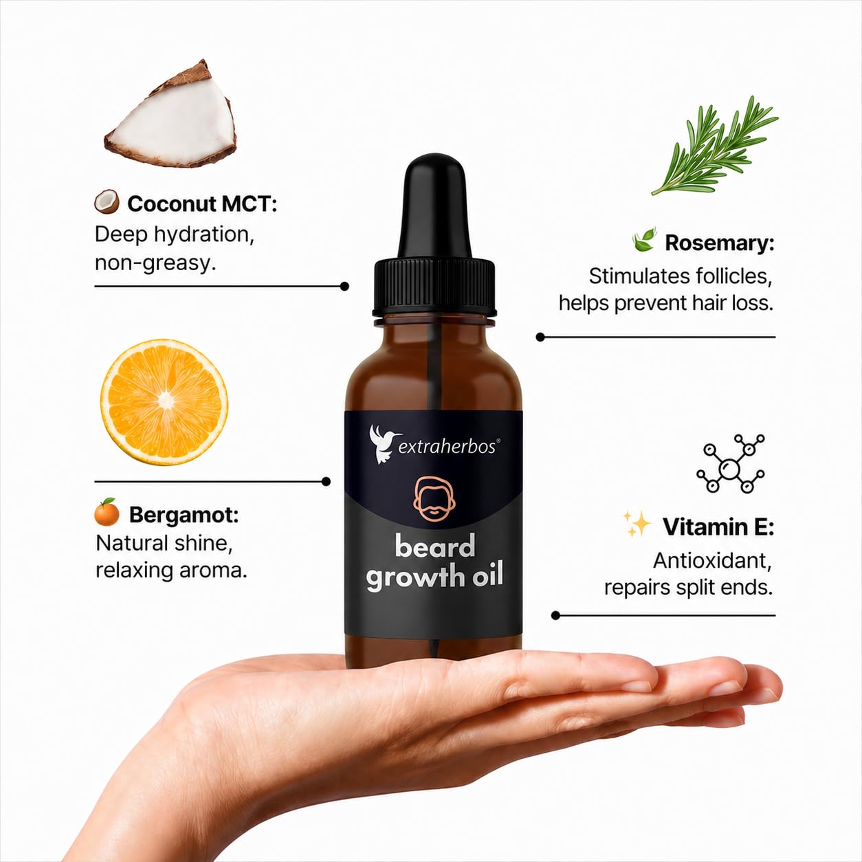 Extraherbos Aceite Capilar Orgánico 30ml - Con Romero, Coco MCT, Bergamota, Vitamina E, Promueve Crecimiento Capilar e Hidratación