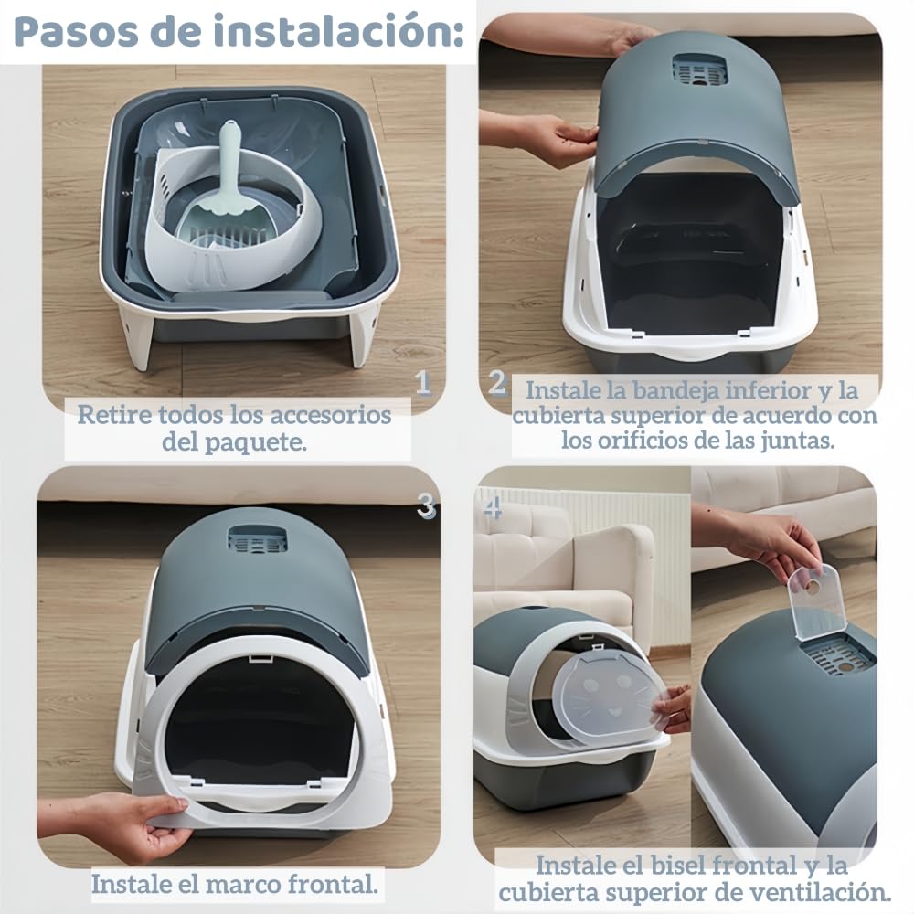 Caja de Arena para Gatos BAIWOLF Gris con Capucha y Antisalpicaduras