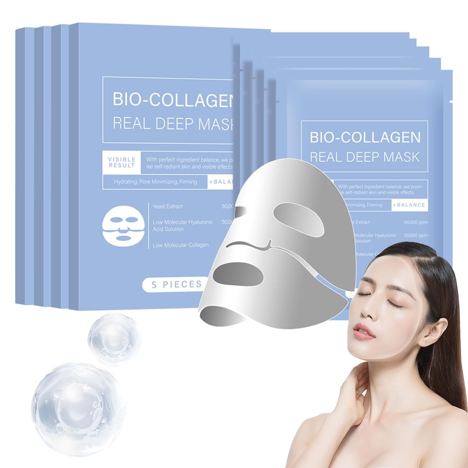 Mascarilla Bio Colágeno, Mascarilla de Colágeno, Minimiza los Poros Mejora la Elasticidad, Mascarillas Faciales para Reafirmación del Rostro en Mujeres y Adolescentes (4 Cajas - 20 Piezas)