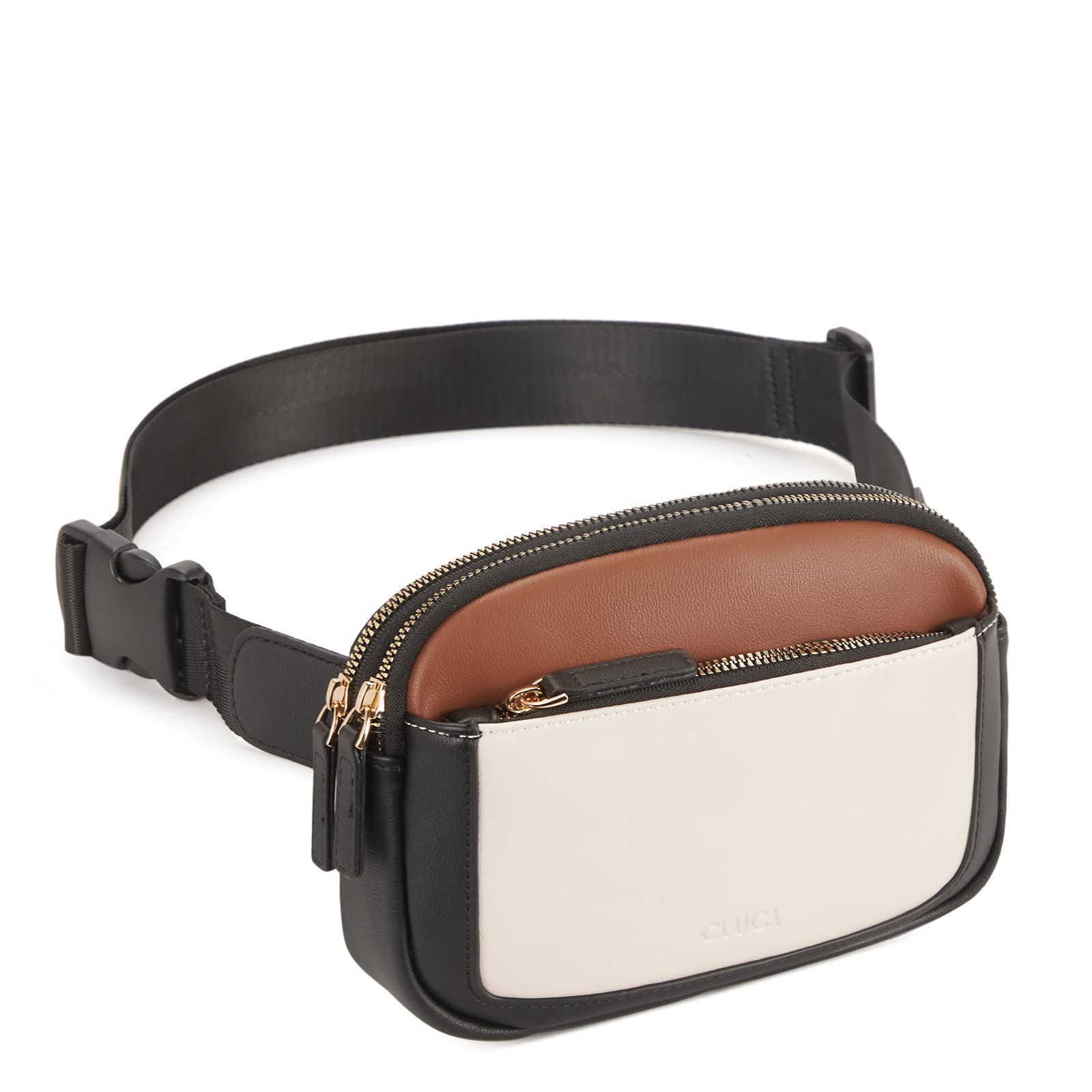 CLUCI - Riñonera para mujer, mini bolso cruzado en todas partes, correa ajustable, piel vegana, riñonera para mujer, A-1 Negro y café con Blanquecino, Una talla