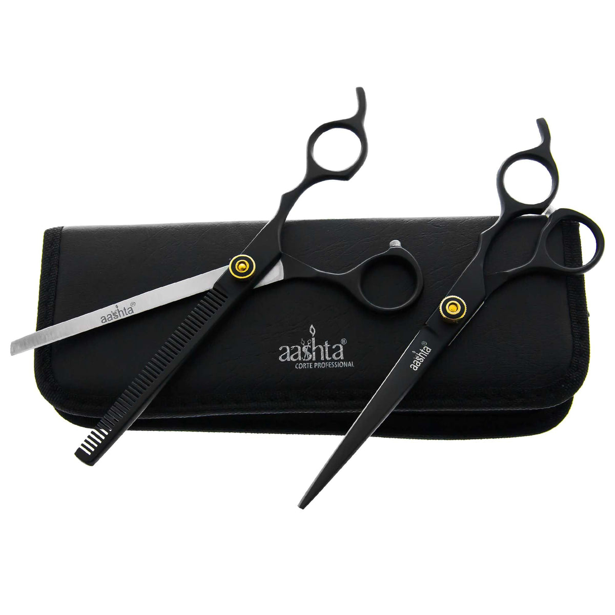 Kit Tijeras Profesionales Aashta Para Estilista/Barber/Peluquero 7" (NEGRO)