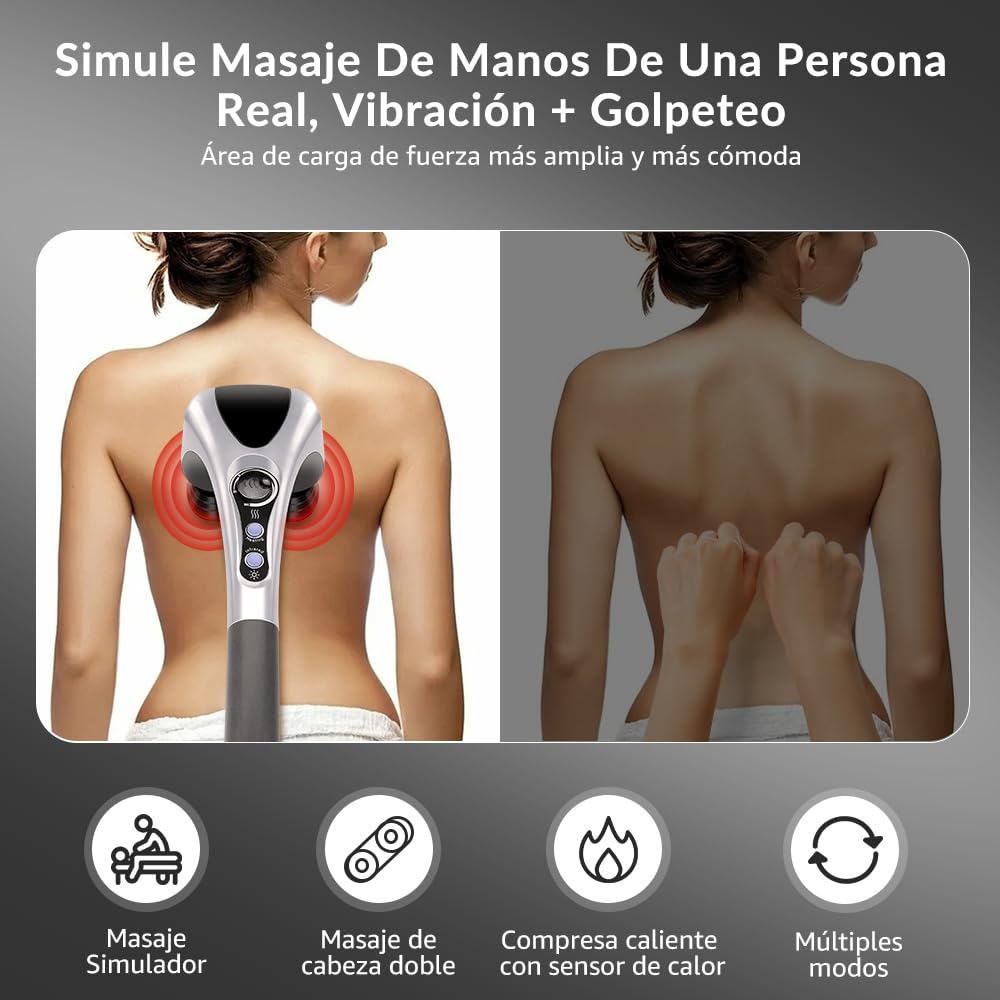 Lukovee Masajeador De Espalda Eléctrico, Masajeador Muscular De Tejido Profundo Recargable De Mano, 4 Cabezales De Masaje 5 Intensidad, Función De Calefacción, El Alivio De Dolores Para Cuerpo Completo
