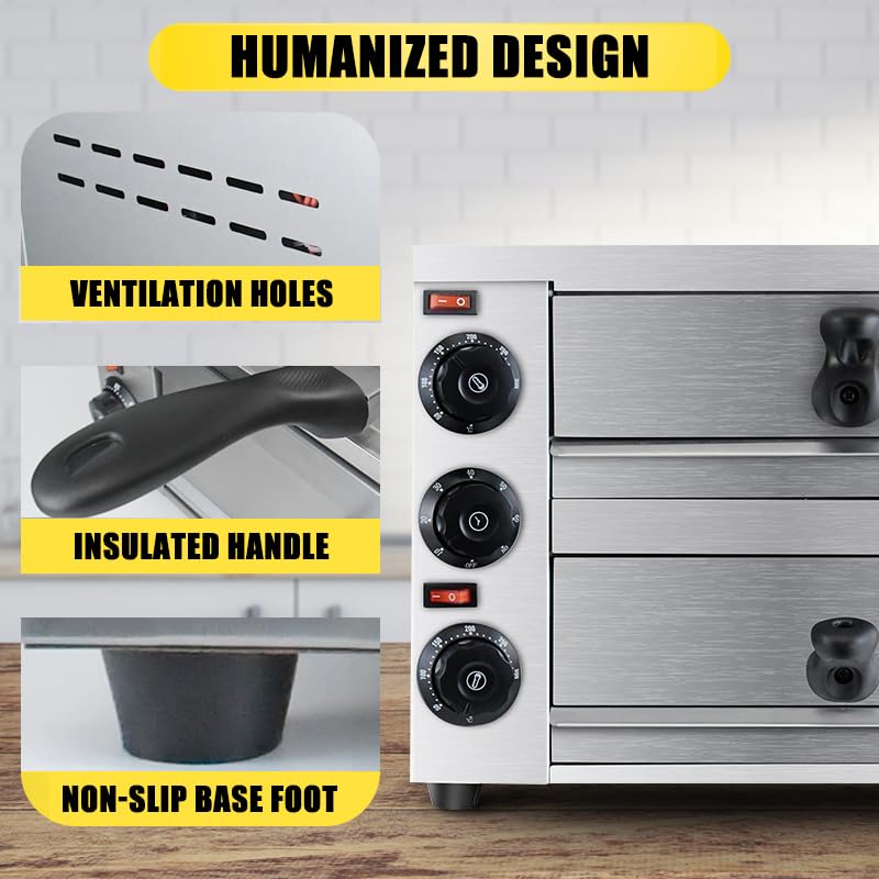KOOTEN - Horno de pizza de mesa de 2 niveles, acero inoxidable comercial eléctrico para interiores con temporizador para el hogar y el restaurante