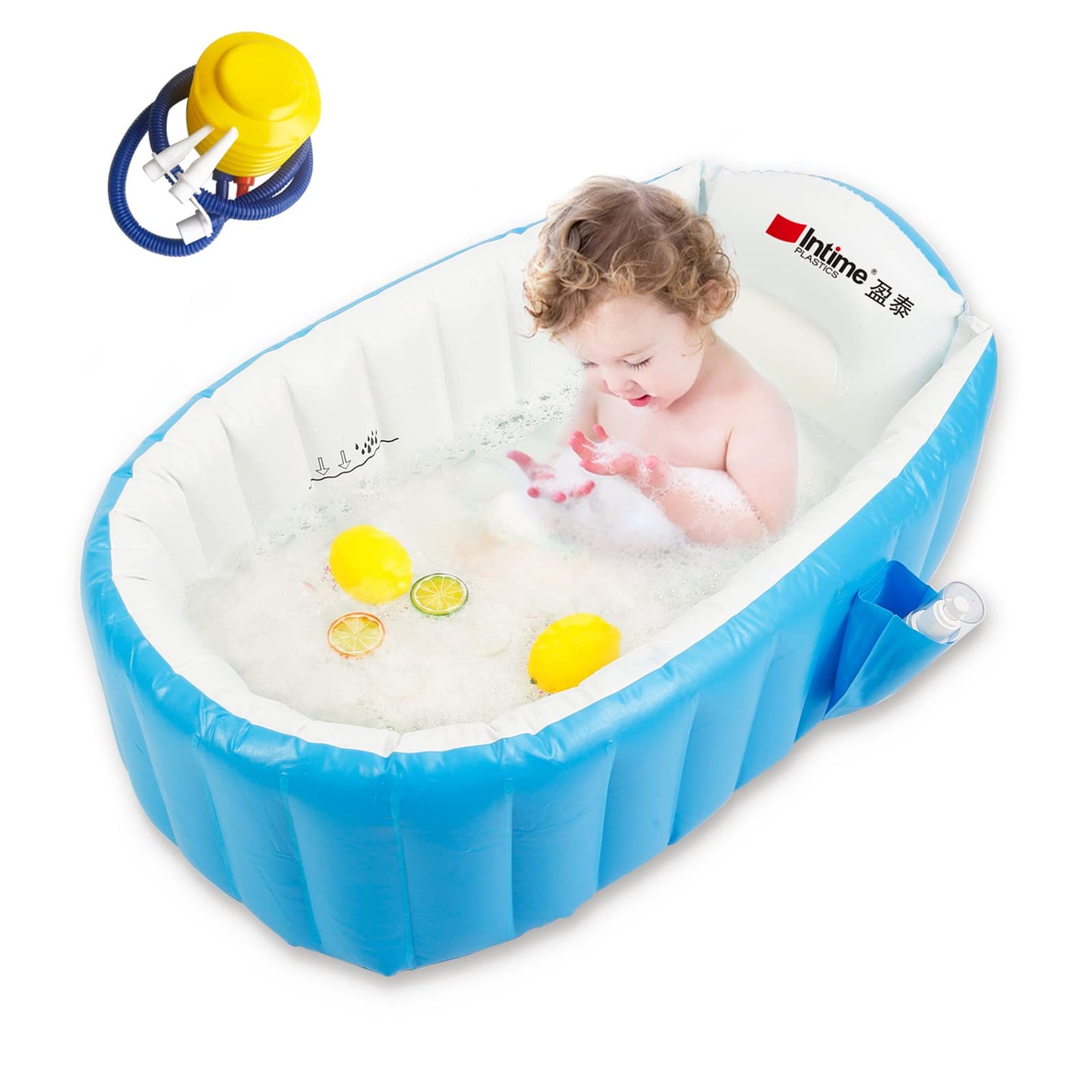 Tina inflable para bebé, tina de viaje antideslizante portátil para niños pequeños, alberca gruesa plegable para baño con bomba de aire, azul