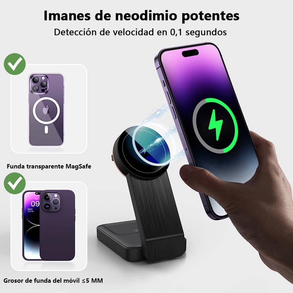 KIWOP 3 En 1 Cargador Inalámbrico Magnético, Cargador Inalambrico, 15W Carga Rápida, Fuerza Magnética de 12N, Diseño Plegable, Compatible con Magsafe iPhone15/14/13/12/11Series/iWatch/AirPods Series.
