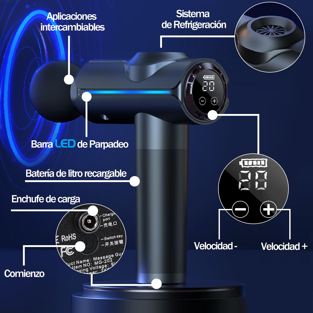 Pistola De Masajes,Pistola Masajeadora con 11 Cabezales y 20 Velocidades Ajustables,Masajeadores Eléctrico de Mano con Pantalla Lcd,Masajeador Muscular Ideal para Hombros,Cuello, Espalda