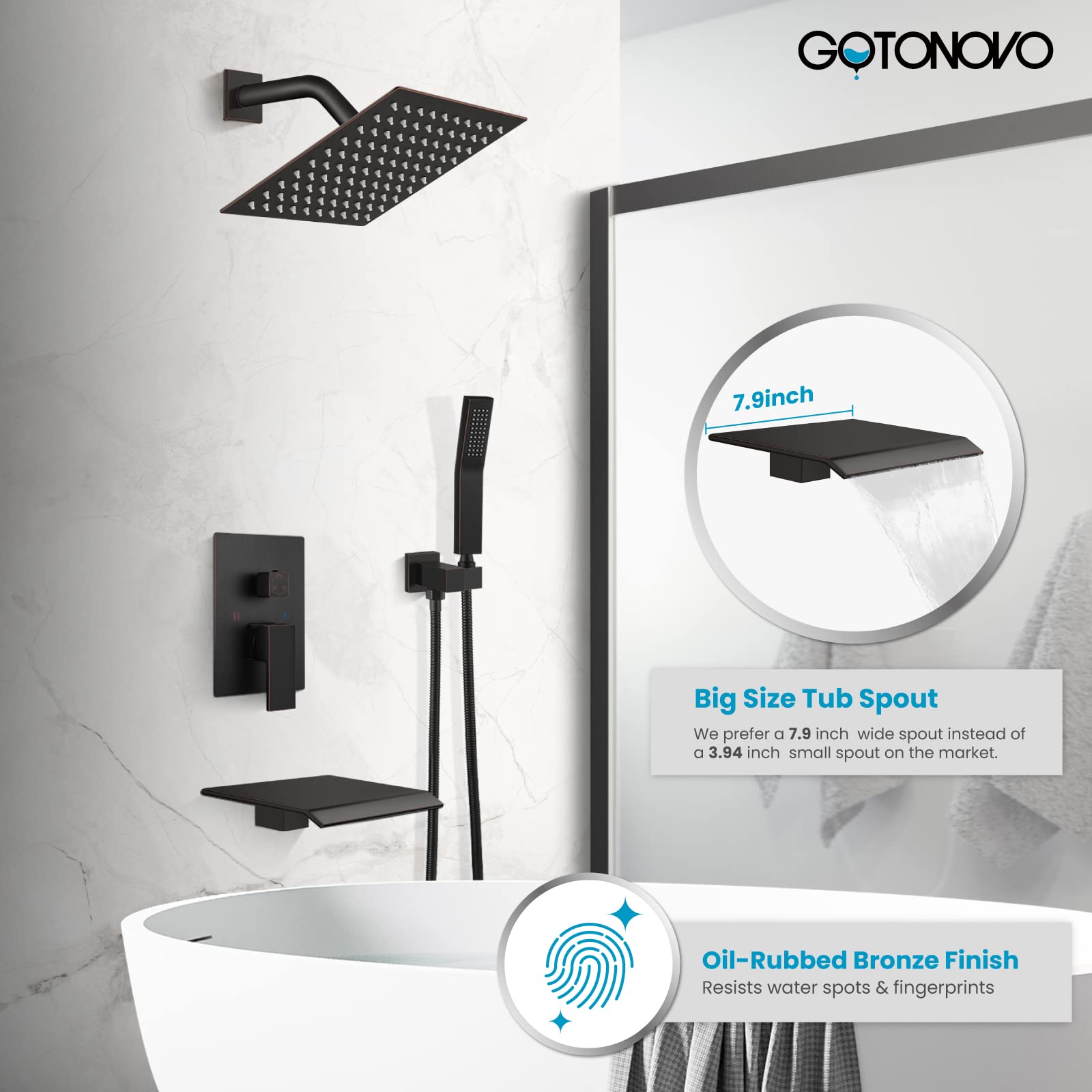 gotonovo - Juego de sistema de llave de ducha de lluvia, cabezal de ducha con pulverizador de mano, boquilla de cascada, mezclador montado en la pared, válvula rugosa y borde incluido bronce aceitado