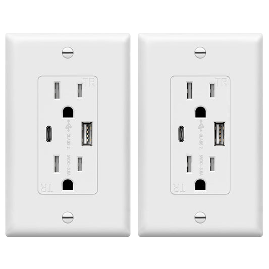 TOPGREENER Toma USB Tipo C, Enchufe de Receptáculo TR de 15 Amperios, Cargador de Pared Con Puertos USB, Listado UL, TU21536AC-W-2PCS