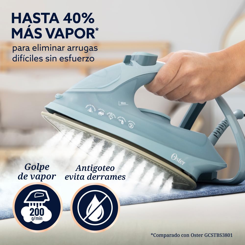 Oster Plancha de Vapor, AeroGlide Plus S7400, con Golpe de Vapor 200 g/min, Recubrimiento Metálico Cerámico, Suela con más Cobertura, Tecnología Aeroceramic, Antigoteo, Verde Claro, GCSTAC7402-013