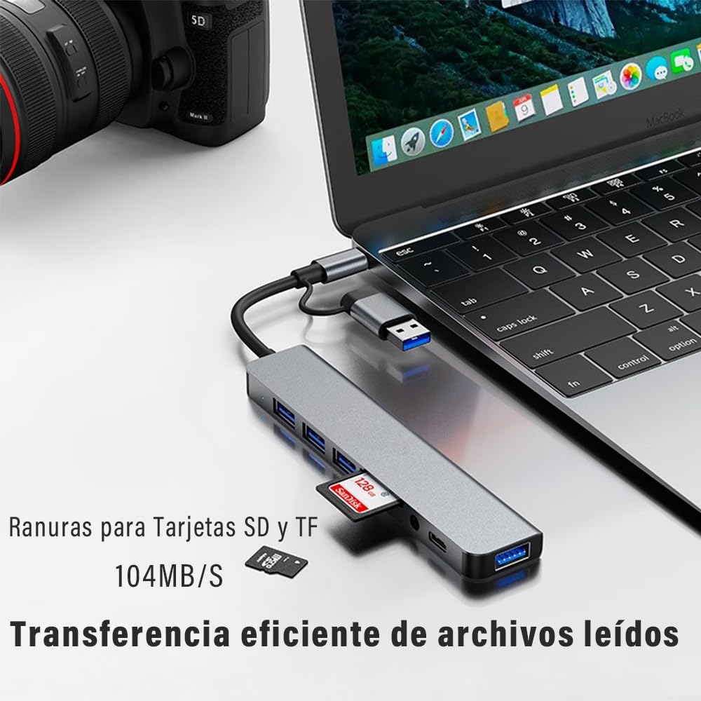 Hub USB C 3.0 8 en1, Adaptador USB a Tipo C Multipuerto con Jack 3.5, 4 Puertos USB 1 Puerto USB C, Puertos TF y SD, Adaptador para MacBook Air/Pro iPad y Más Dispositivos PC/Laptop/Tablet