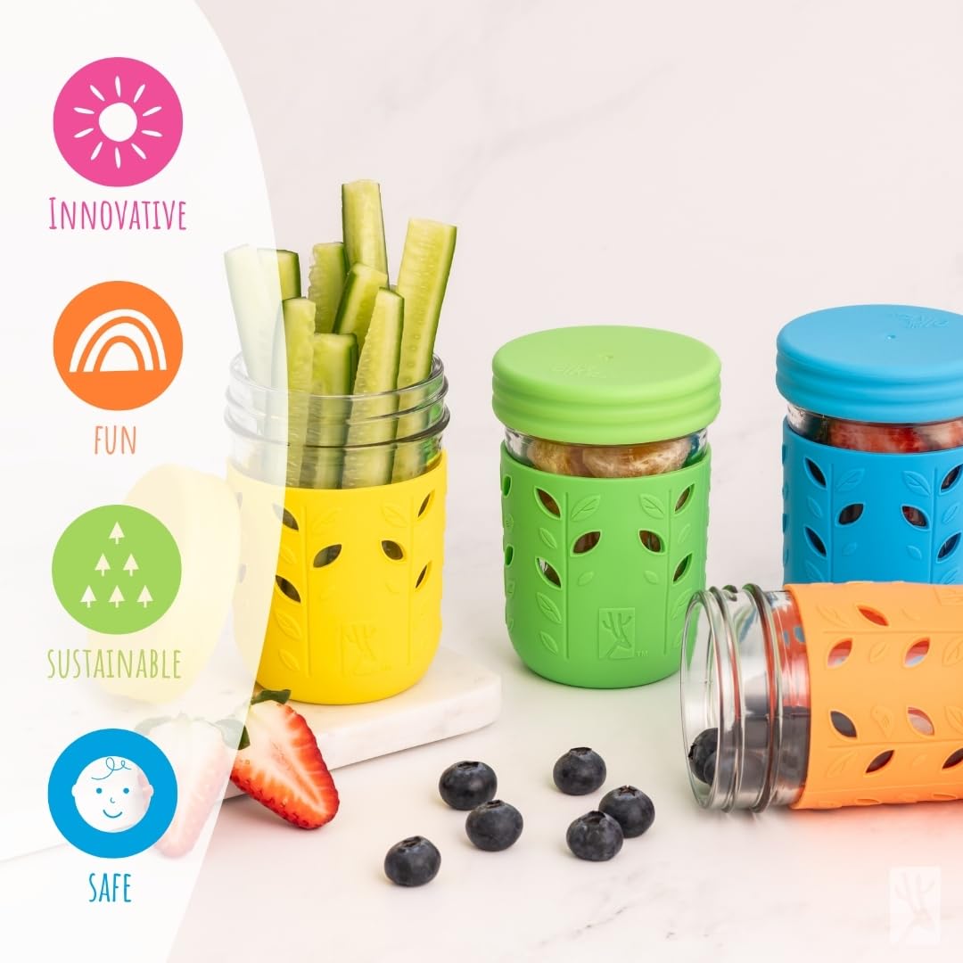 Elk and Friends - Vasos de vidrio para niños y niños pequeños, el tarro de vidrio original de 8 onzas con mangas + tapas, pajitas de silicona + tapón | Taza para batidos, almacenamiento de alimentos