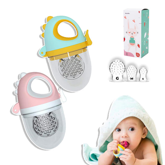 Chupón para Fruta y Papilla, con Seguro y Tapa, Diseños de Dinosaurio, 2 Piezas, Varios Colores y Libre de BPA, Para Niño y Niña | Rosa y Verde Amarillo