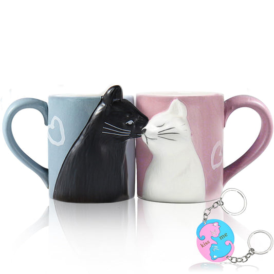 Juego de tazas de café con diseño de gato beso, juego de tazas de cerámica para novia y novio, regalo a juego para cumpleaños, aniversario, boda, compromiso, día de San Valentín, novia, esposa (taza de gato)