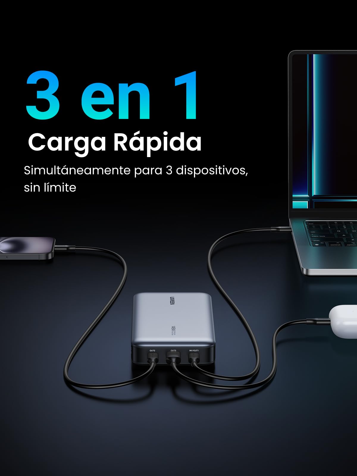 Cargador Portátil UGREEN 145W Negro con Pantalla Digital y 3 Puertos para iPhone Xiaomi Galaxy