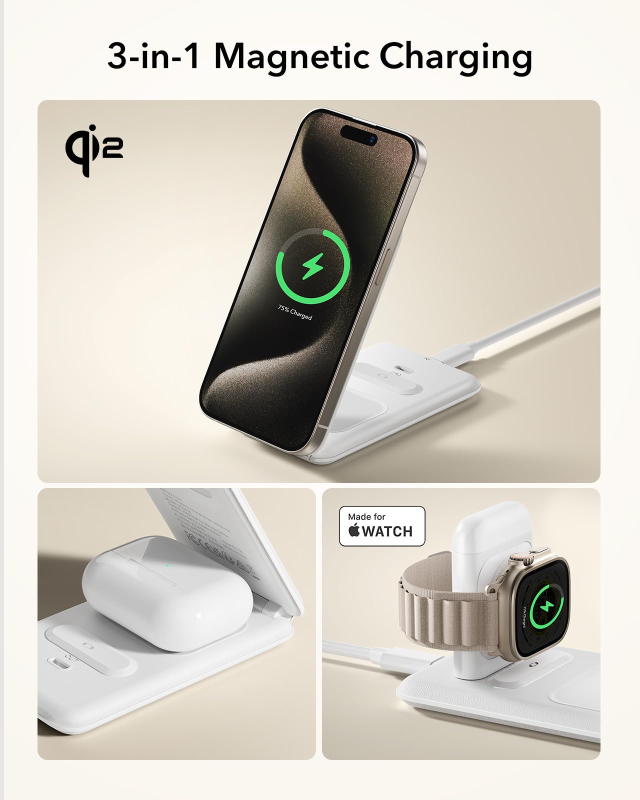 Estación de Carga 3 en 1 ESR Blanco con Cargador MagSafe Qi2 de 15W para Apple