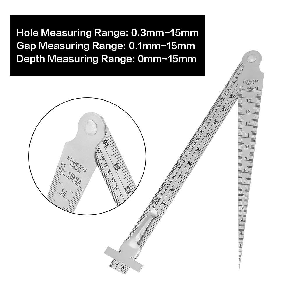 Calibrador cónico Profundidad del orificio de separación Medidor 3 en 1, Escala de apertura Medidor de acero inoxidable de 0,3 mm-15 mm, Medidor de separación de la cuña métrica de 0,1-15 mm, Regla d
