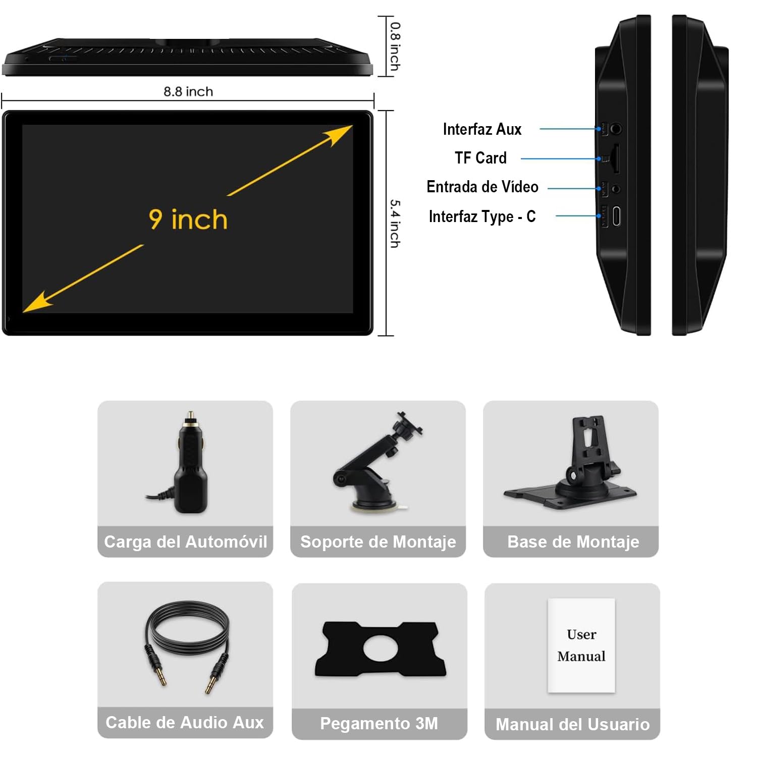 HXEIR Autoestéreo para Carro Portátil de 9 Pulgadas con 2K Dashcam, CarPlay inalámbrico, Android Auto, WiFi, GPS, Bluetooth, Mirror Link