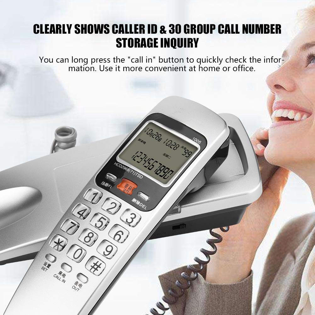 Teléfono Fijo, teléfono con Cable Teléfono montado en la Pared Teléfono Fijo FSK/DTMF Identificador de Llamadas Teléfono Teléfono con Cable Escritorio Escritorio Teléfono con extensión(Plata)