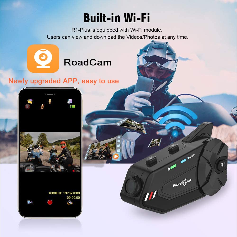 Auriculares para Casco de Motocicleta FreedConn R1plus Bluetooth Intercom FM Negro Impermeables para 6 Ciclistas