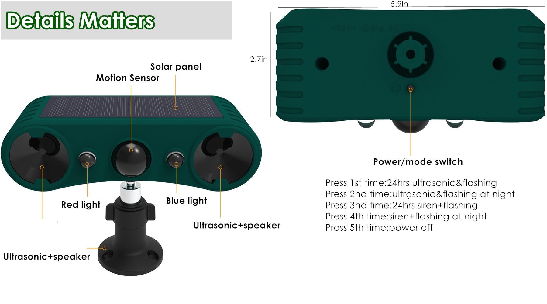 HULPPRE - Alarma solar con sensor de movimiento para interiores y exteriores, ultrasónica, 2 x 130 db, fabricante de ruido de sirena fuerte, 4 modos, montaje en tierra o cerca, luz estroboscópica