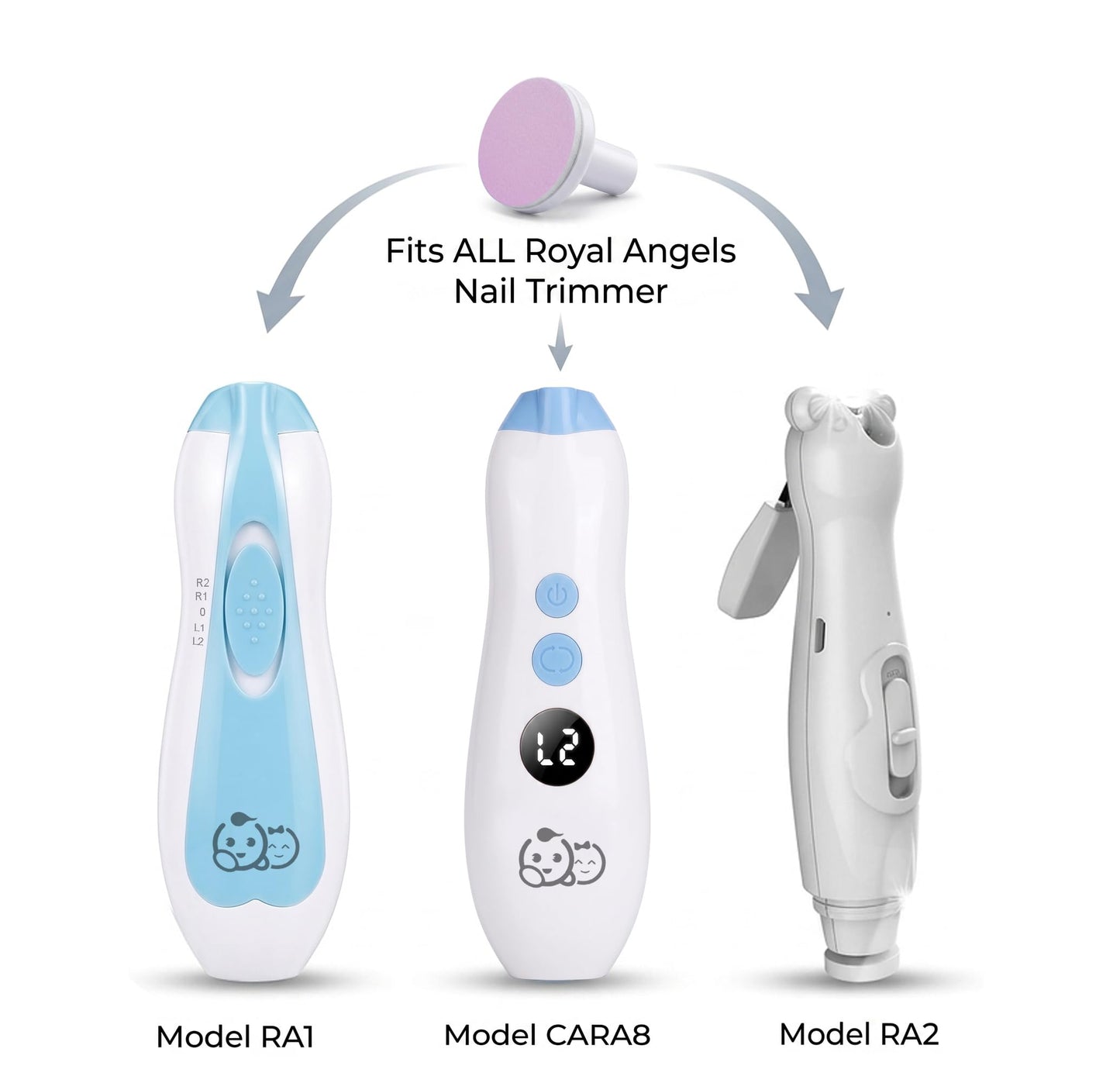 Royal Angels Almohadillas de repuesto para limas de uñas de bebé, 8 cabezales para niños pequeños y niños, universal, compatible con la mayoría de las limas de uñas eléctricas (morado, 6 – 12 meses)
