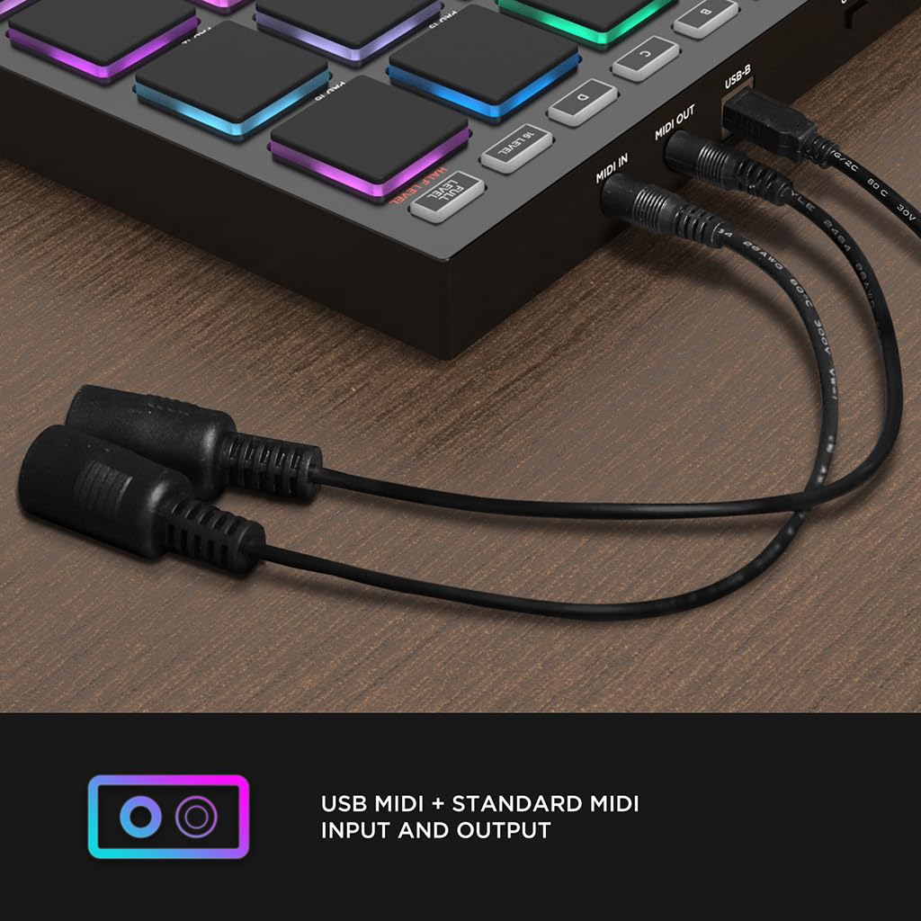 HXW EMP16 MIDI Pad Controller Beat Maker Machine con Bluetooth, 16 almohadillas para orejas de ritmo sensibles a la velocidad RGB, 16 niveles, completo/medio nivel, visualización OLED, entrada y