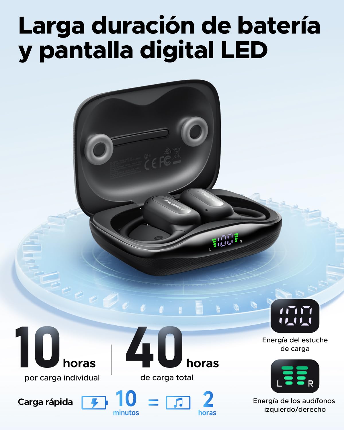 Audífonos Inalámbricos truefree Bluetooth 6.0 Negro Open-Ear con ENC y Carga Rápida para Hombre Mujer
