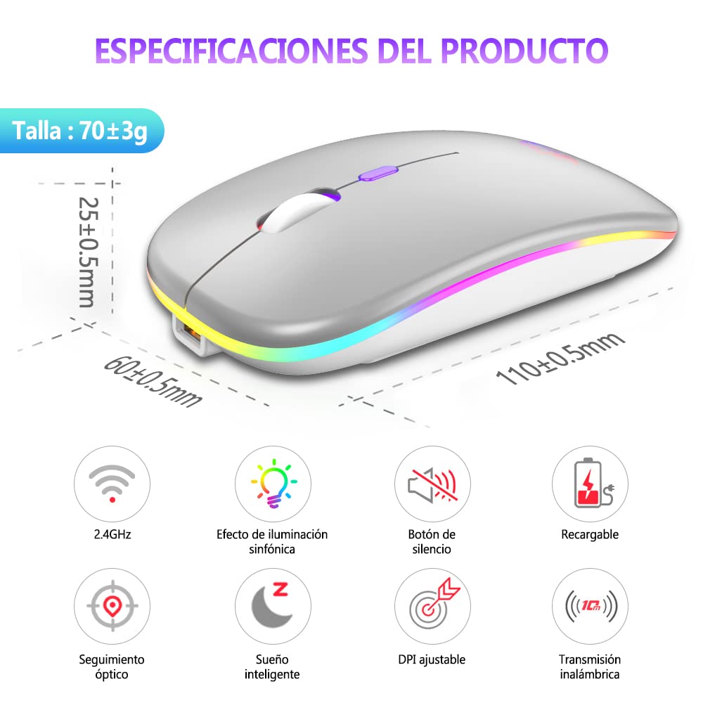 Free wolf X15 Mouse Inalámbrico, Wireless óptico Recargable 2.4 G Ergonómico Silencioso Click con Receptor USB 3(800/1200/1600) Ajustable dpi Ratón para Computadora,Portátil,PC,Mac (Plata)
