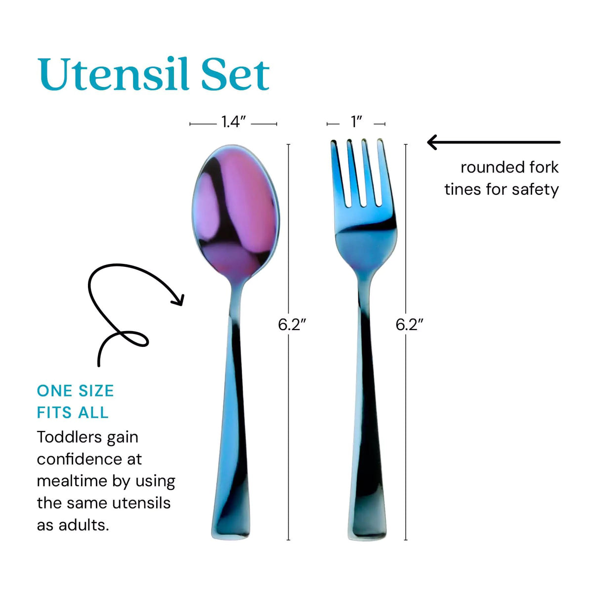 Ahimsa Utensilios de acero inoxidable para niños, juego de 8 piezas de tenedor y cuchara para niños, utensilios diseñados para pediatras, 100% sin BPA y aptos para lavaplatos (azul iridiscente)