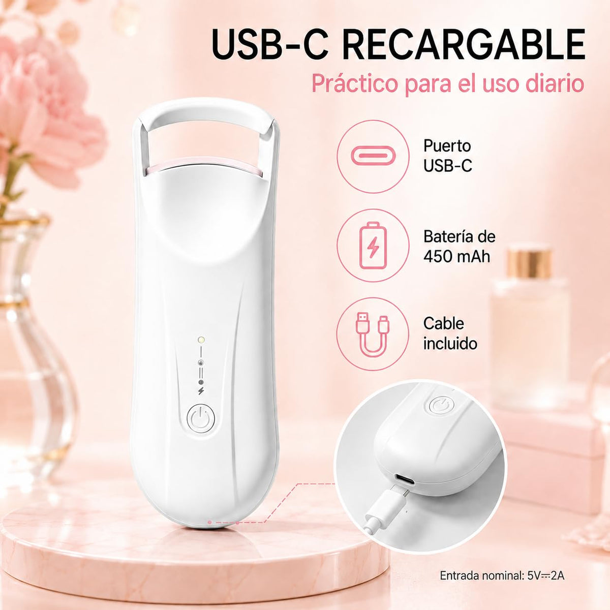 Rizador de Pestañas Eléctrico, Enchinador Térmico Recargable USB-C con 2 Niveles de Temperatura 65°C/85°C, Calentamiento Rápido y Curva 3D, Mini Rizador Portátil para Maquillaje