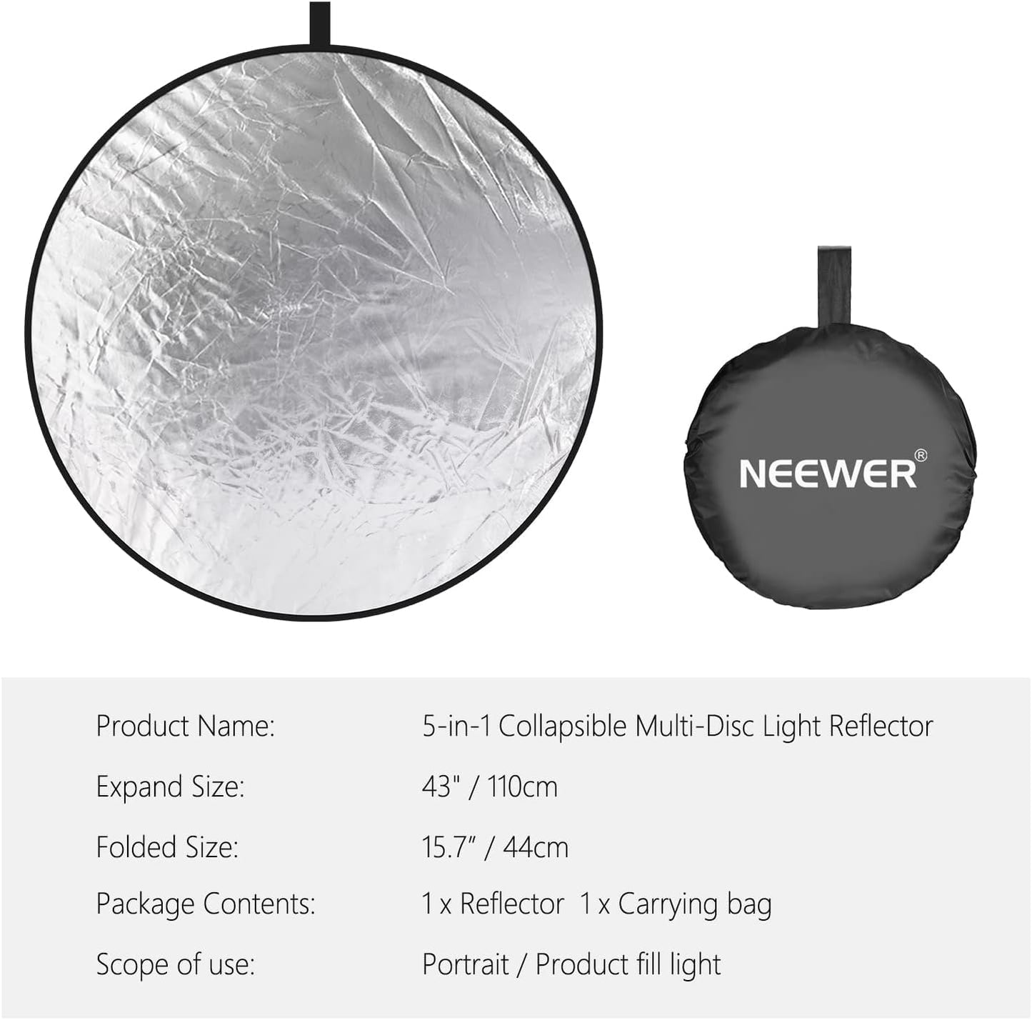 Neewer 43 pulgadas / 110 cm Kit de 5 en 1 Reflector Redondo Plegable Transparente con Funda para Estudio Iluminación Retrato