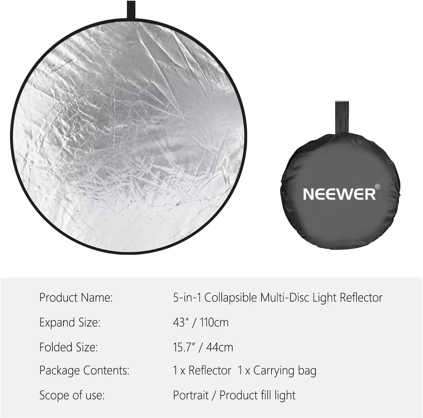 Neewer 43 pulgadas / 110 cm Kit de 5 en 1 Reflector Redondo Plegable Transparente con Funda para Estudio Iluminación Retrato