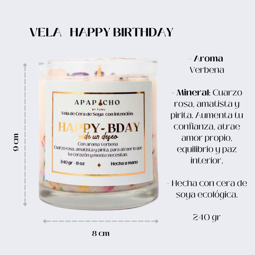 Fuwu, velas aromaticas relajantes Happy Birthday de cera de soya con cuarzos naturales, velas decorativas hechas a mano con hierbas de olor, aromatizantes para hogar, regalos de cumpleaños (Verbena)