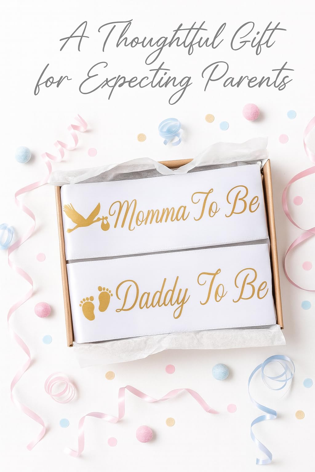 Paquete de fajas para baby shower "Momma To Be" y "Daddy To Be", con linda imagen de cigüeña (letras blancas y doradas), decoraciones para fiestas de baby shower para niñas y niños, regalos