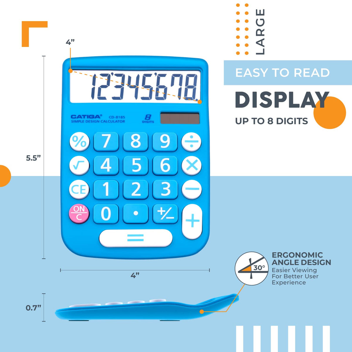 Calculadora CATIGA Solar Digital LCD Botones Grandes 8 Dígitos para Hogar, Oficina y Escuela