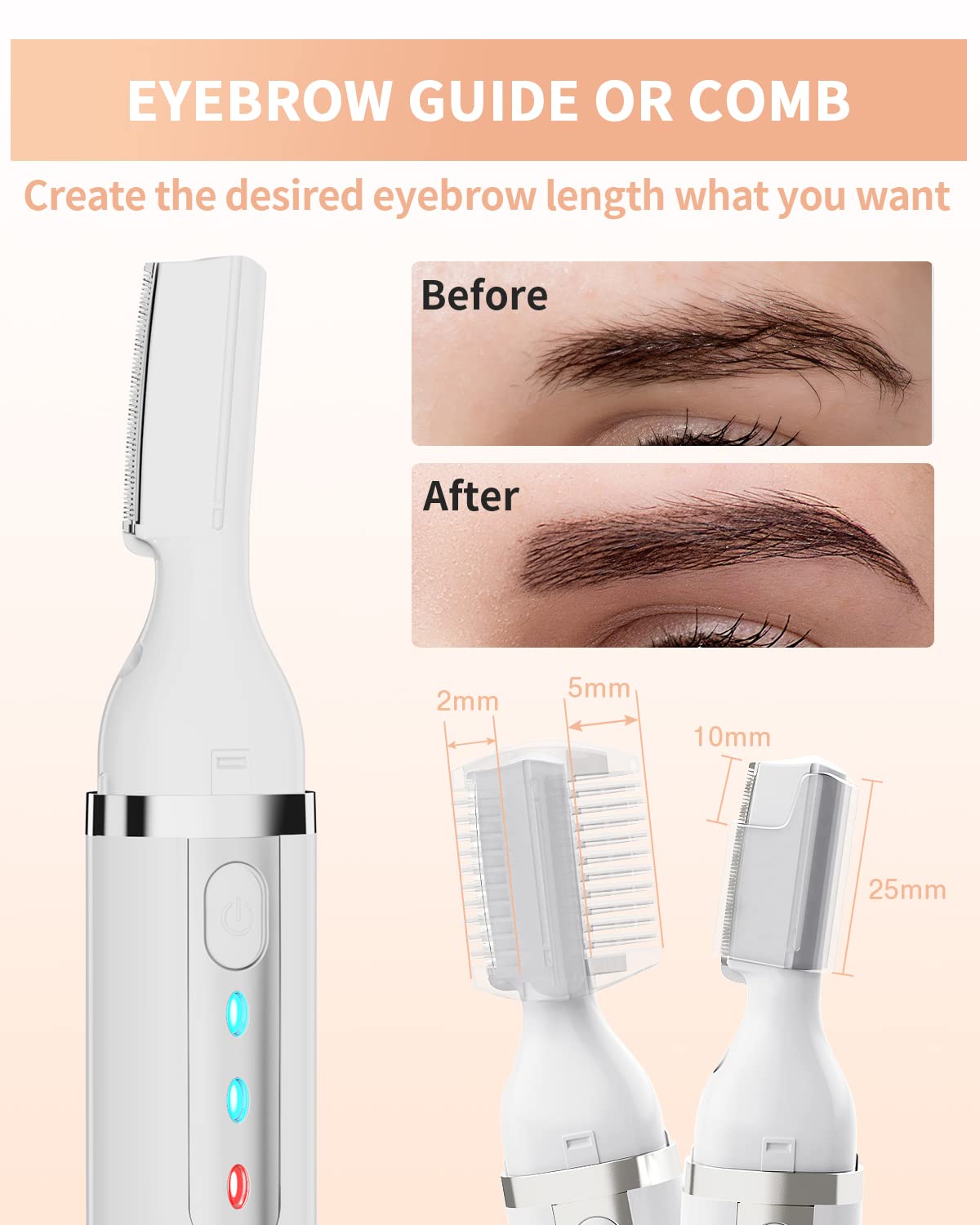 Cortadora de cejas, maquinilla de afeitar eléctrica de cejas para mujeres y hombres, recargable luz LED indolora, removedor de vello facial con cuchilla de repuesto para cara, labios, cuello, piernas