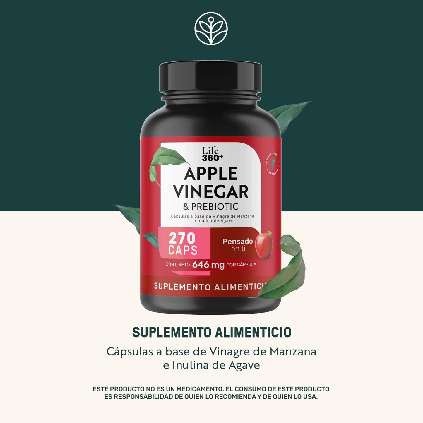 LIFE 360+ Apple Vinegar & Prebiotic | 270 Cápsulas | Vinagre de Manzana, Estearato de Magnesio e Inulina de agave (Prebiótico) | Suplemento Alimenticio en cápsulas | 90 porciones por envase