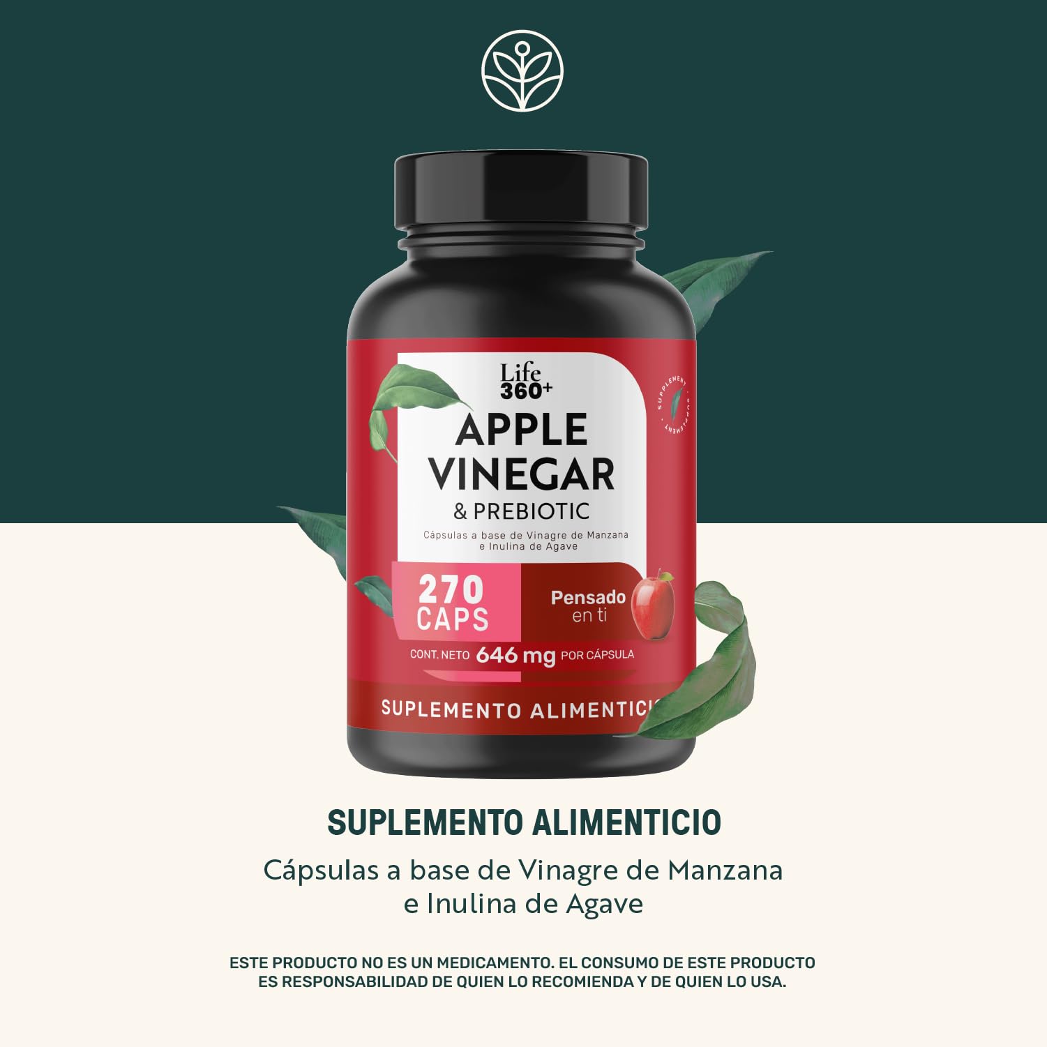 LIFE 360+ Apple Vinegar & Prebiotic | 270 Cápsulas | Vinagre de Manzana, Estearato de Magnesio e Inulina de agave (Prebiótico) | Suplemento Alimenticio en cápsulas | 90 porciones por envase