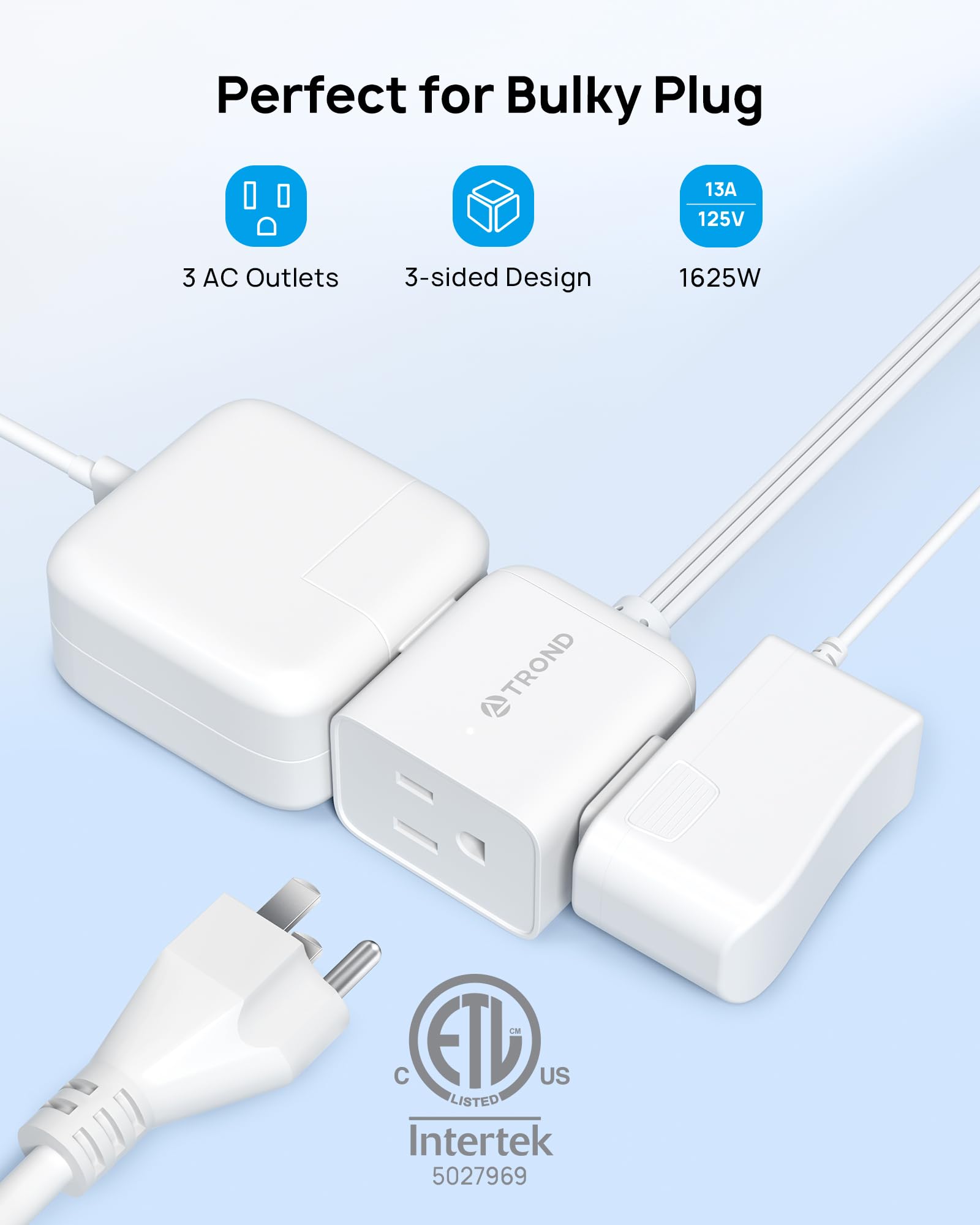 TROND Cable de Extensión 1.5 Pies - Enchufe Plano Giratorio 360°, 3 Tomas con Tierra, 13A, Cable SPT 16/3 AWG, Ideal para Hogar, Oficina, Cruceros y Viajes, Blanco.