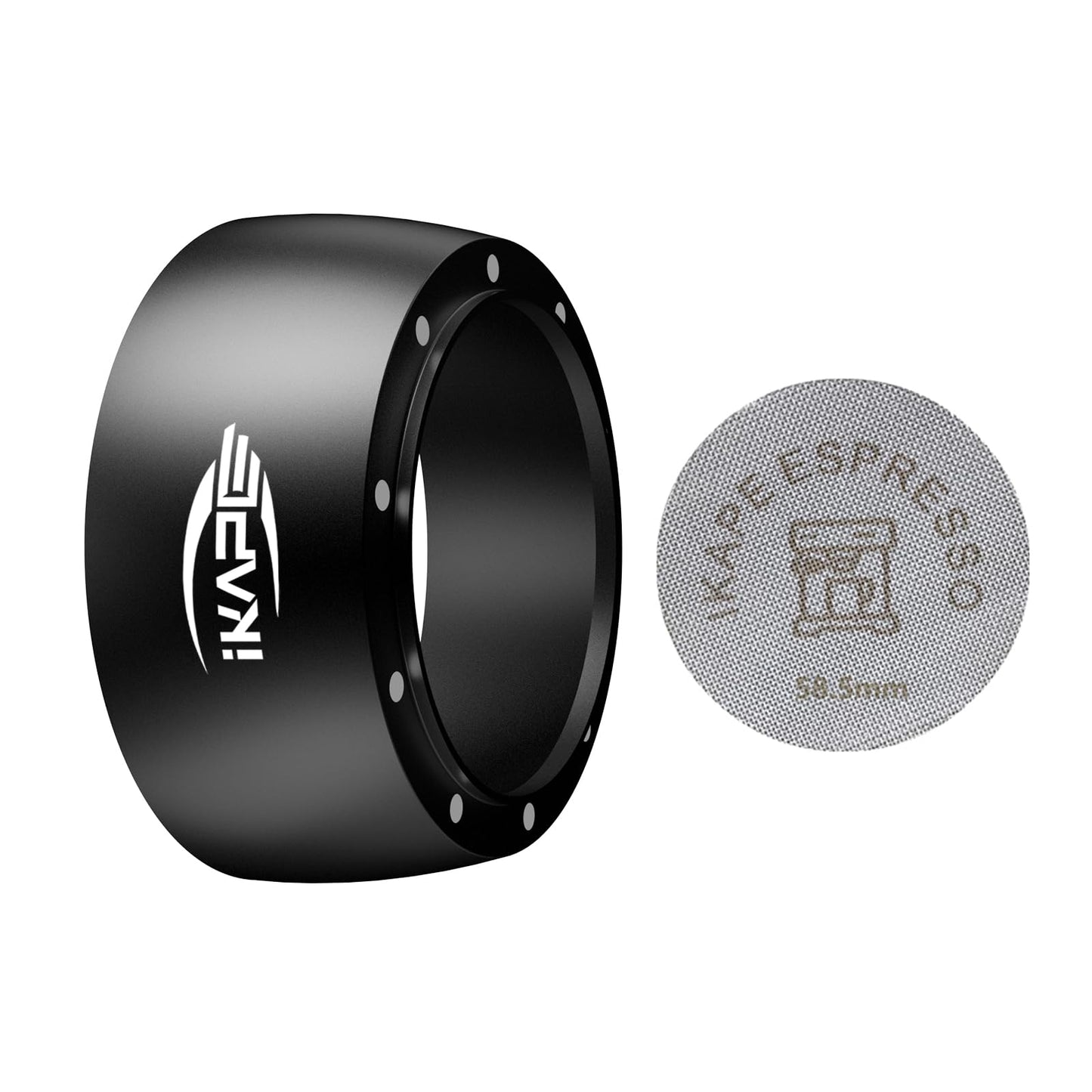 IKAPE Juego de Embudo Dosificador Magnético, Anillo Dosificador de Café Expreso Y Kit de Pantalla de Disco Compatible con Portafiltro Sin Fondo, con 10 Imanes Pequeños 58Mm Negro