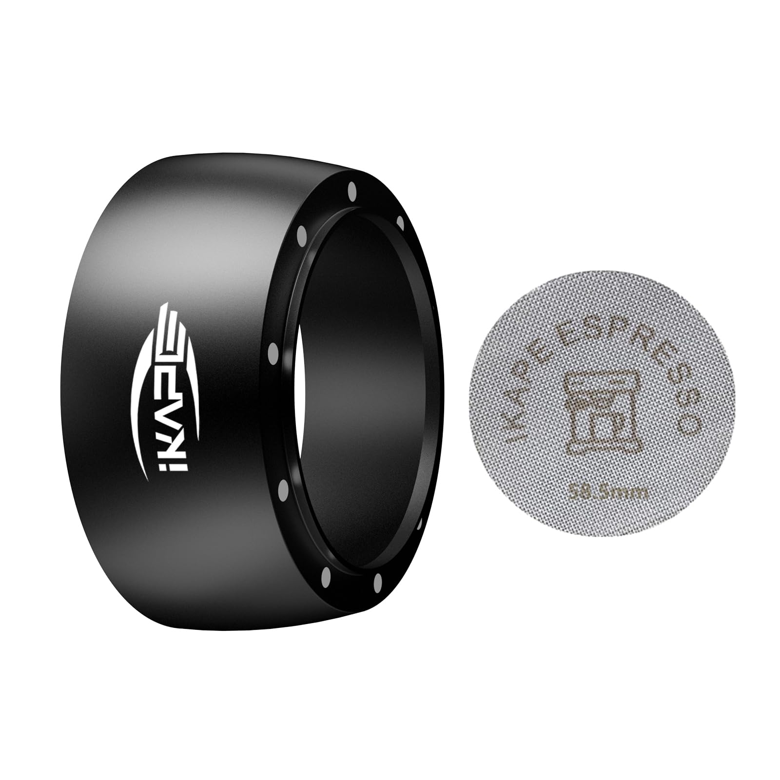 IKAPE Juego de Embudo Dosificador Magnético, Anillo Dosificador de Café Expreso Y Kit de Pantalla de Disco Compatible con Portafiltro Sin Fondo, con 10 Imanes Pequeños 58Mm Negro