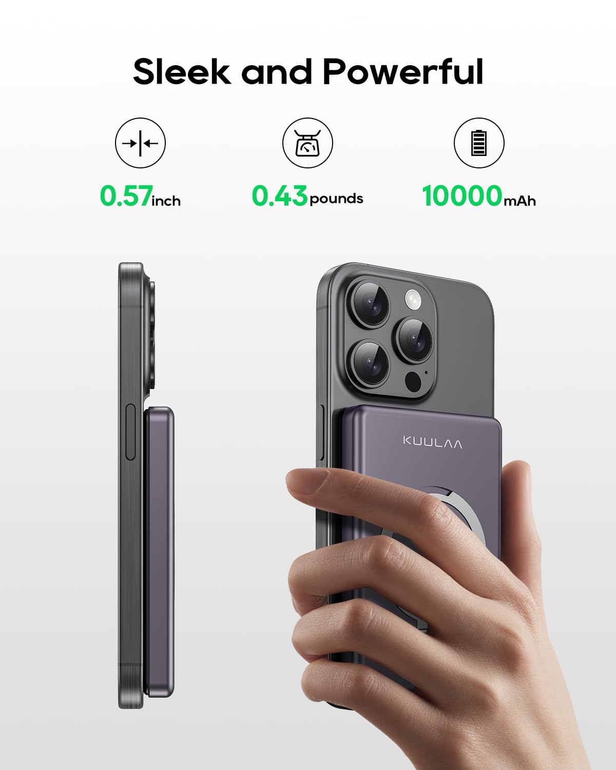KuuLaa Power Bank 10000mAh, Batería Portátil Inalámbrica con Pantalla LED, Soporte Plegable, Carga Rápida PD 20W USB-C, Compatible con iPhone 16/15/14/13/12/Pro/Mini/Pro MAX (Violeta Oscuro)
