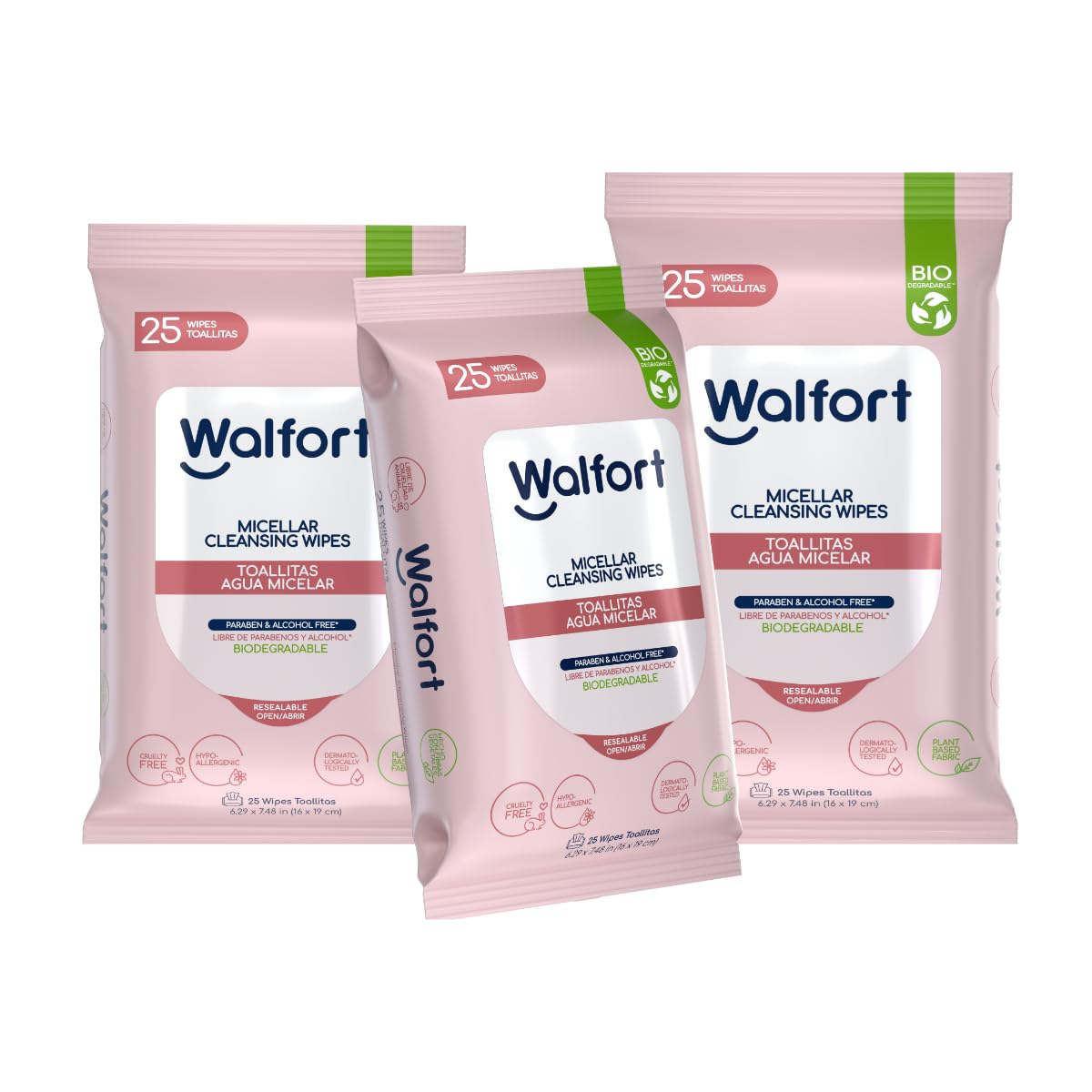 Walfort | Toallas Desmaquillantes con Agua Micelar, Limpieza Facial 3 en 1: Limpian, Desmaquillan e Hidratan (3, 3 Pack 25 Piezas)
