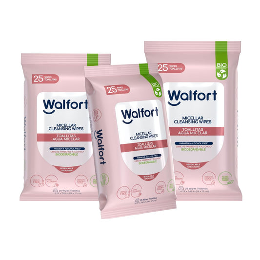 Walfort | Toallas Desmaquillantes con Agua Micelar, Limpieza Facial 3 en 1: Limpian, Desmaquillan e Hidratan (3, 3 Pack 25 Piezas)