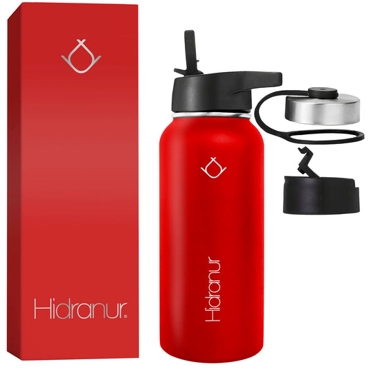 Hidranur Termo de Acero Inoxidable Doble Aislamiento Térmico, Termo Para Café 32 oz (946.35 ml), 3 Tapas Herméticas, 2 Popotes, 24 Hrs de Agua Caliente y Fría (Rojo, 32 Oz (946.35 ml))