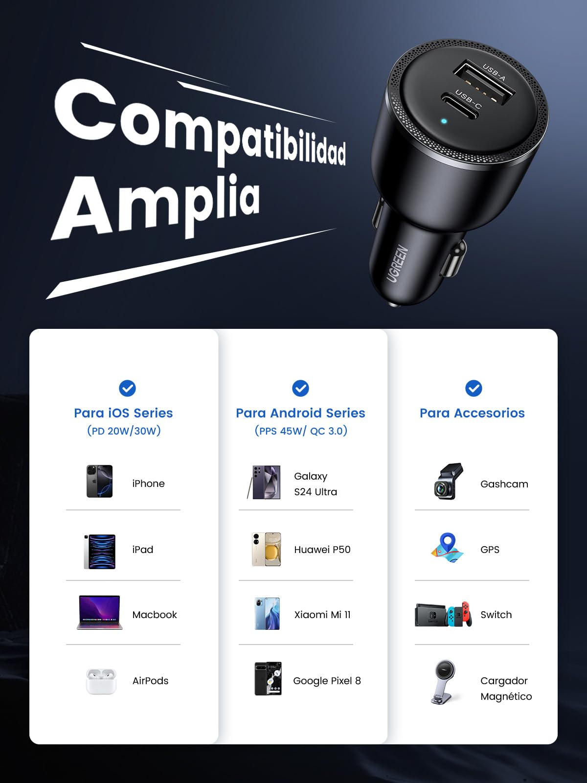 UGREEN 63W Fast Charger Cargador para Auto, Carga Rápida Tipo C Adaptador de Coche PD 45W, Quick Charge QC 18W Comaptible con Galaxy S25 S24 S23 Ultra, iPhone 16 15 14 13, iPad Pro, Redmi, Xiaomi